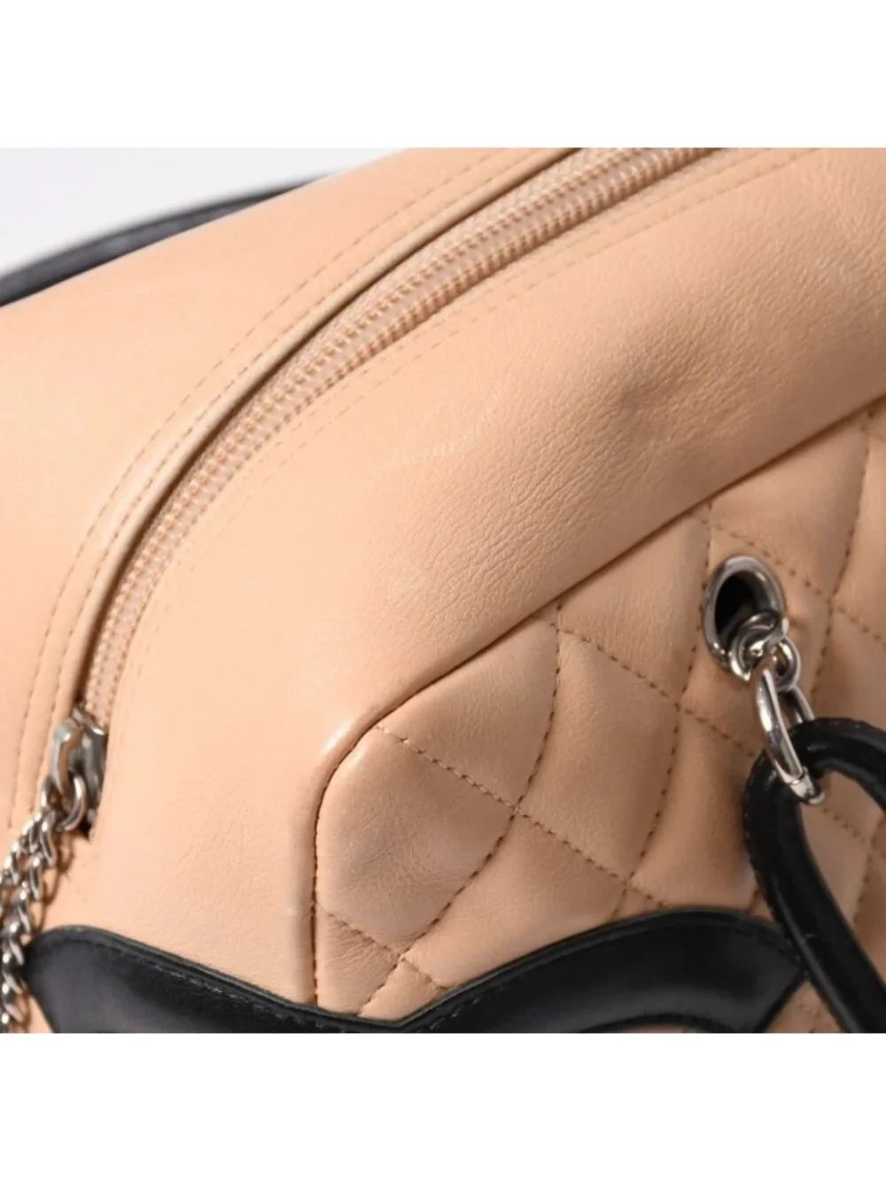 Chanel Cambon Line Bowling Bag Lambskin Beige Black CC Logo Silver